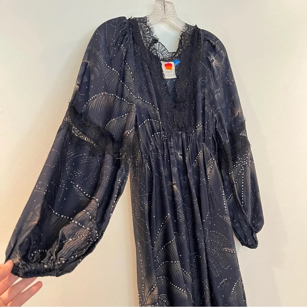 Farm Rio Black Lace Balloon Sleeve V Neck Lightweight Satin Maxi Dress Small - Picture 4 of 9